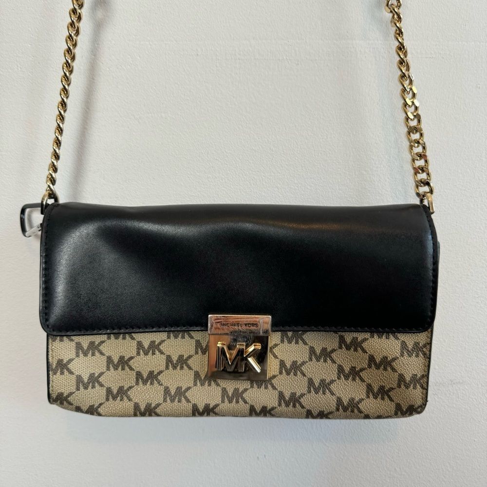 Michael Kors Crossbody Bag Black Brown MK Logo Leather Gold Chain Shoulder Bag - Picture 4 of 11